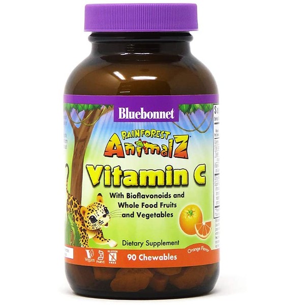 Bluebonnet Nutrition Rainforest Animalz Vitamin C Animal Shape Chewable Tablets, 250mg of Vitamin C, Soy-Free, Gluten-Free, Kosher Certified, Dairy-Free, Vegan, 90 Tablets, 45 Servings, Orange Flavor