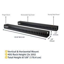 StarTech.com Vertical Cable Organizer with Finger Ducts - Vertical Cable Management Panel - Rack-Mount Cable Raceway - 0U - 6 ft. (CMVER40UF), Black