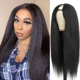 Kinky Straight Human Hair Wigs Upgrade U Part Wig EasiContour U Part Human Hair Wigs With Drawstring,200% Density Wear And Go Glueless Wig Human Hair Full Head Clip In Half Wig(24 inch,Natural color)