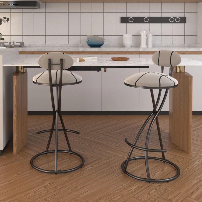 Upholstered Metal Bar Stools Set 2 Striped Counter Height Modern