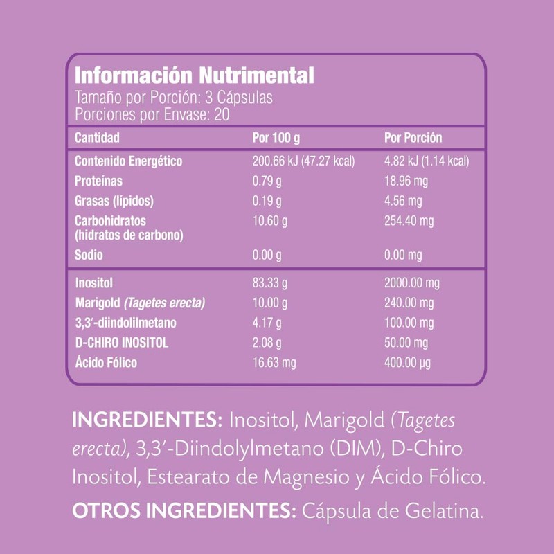 PinkV Suplemento de Inositol, DIM y D-Chiro con Marigold y