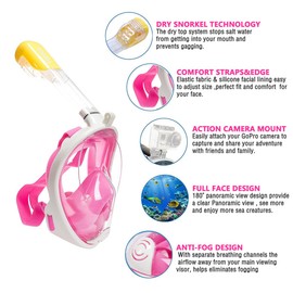 Flyboo Snorkel Mask,180°view Snorkelling Mask with Panoramic Full Face Design-Sports Camera Compatible Diving Mask with Anti-fog and Anti-leak Technology for Adults and Kids