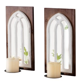 SOFE Arched Window Mirror Candle Sconces Wall Decor Set of 2, Wood Wall Sconces Candle Holder, Cathedral Rustic Wall Decor Hanging Candle Holder for Living Room, Bedroom Bathroom