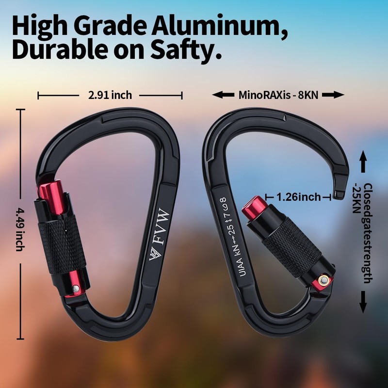 FVW 5Pack Heavy Duty Climbing Carabiners, 25KN UIAA Certified Auto