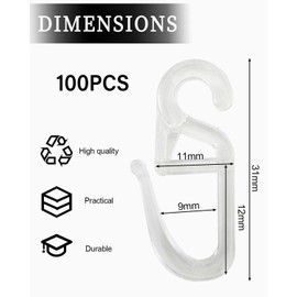 BPTRKOM Pack of 100 Curtain Hooks - Durable Curtain Hooks for Hanging Curtain Hooks Ruffle Tape Hooks Pleat Laying Hooks Curtain Rings Curtain Clip (Transparent)