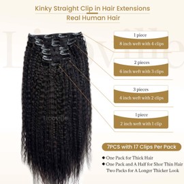 Clip in Hair Extensions Human Hair for Black Women 16 Inch Kinky Straight Clip in Extensions 120G 7PCS Double Weft Kinky Straight Hair Extensions Clip ins #1B Natural Black Human Hair Extension