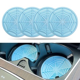 Hirificing 4PCS Spider Web Car Cup Holder Coaster, 2.75 Inch Silicone Non-Slip Insert Car Drink Decor Pads, Universal Eco-Friendly Gothic Interior Accessories for Men Women (Blue)
