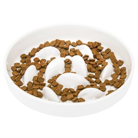 GUWINA Ceramic Slow Feeder Cat Bowl 6.3'' Wide, Shallow Slow Eating Cat Bowl for Dry and Wet Food, Anti Gulping Pet Puzzle Feeder for Cats and Small Dogs, Dishwasher Safe (White)