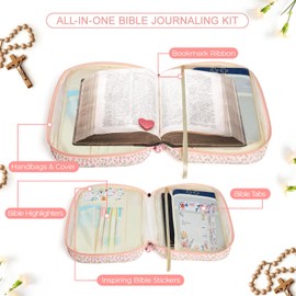 Bible Cover Case for Women,Cotton Bible Cover for Men Women with Handle,Purple Bible Book Cover,Bible Bag Floral,Carrying Case Bible Protective (Pink Floral, M)