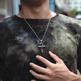 Ankh Necklace Men's Stainless Steel Serpent Snake Necklace Punk Hip Hop Titanium Steel Ankh Cross Pendant Necklace for Women Ancient Egypt Exaggerated Jewelry, Metal, Rhinestone
