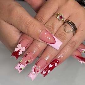 DANMANR Fake Heart Nails Pink Long Press on Coffin Nails Cute Full Cover Acrylic French Bow Fake Nails for Women and Girls 24PCS