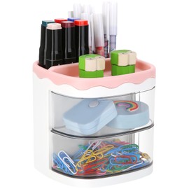 LETURE Desk Pencil Pen Holder with Drawer, Desktop Storage Pen Marker Organizers Stationery Supplies, Cute Pencil Cup Pot for Office, School, Home, Art Supply (Pink)