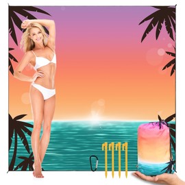 Koaizhsen Beach Blanket Waterproof Sandrproof Large Beach Mat 79" X 118" for 2-8 Adults Quick Drying Outdoor Picnic Mat 4 Stakes & 4 Corner Pockets for Travel Picnic Camping Hiking （Gradient Sky&Sea）