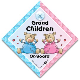 Grandchildren On Board Car Sign, Baby On Board Sign with Suction Cup for Boy and Girl
