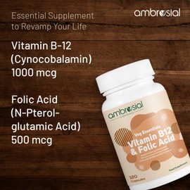 Ambrosial Vitamin B12 1000 mcg + 500 mcg Folic Acid | 1500 mcg | Folic Acid | Reduction of Tiredness & Fatigue | B12 Supplement | Immune System, Energy & Brain Support (Pack of 1-120 Capsules)