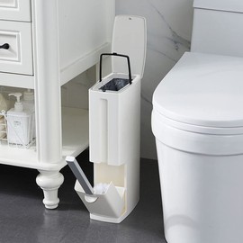COMODID Slim Bathroom Trash Cans with Lid 4.4 Inches Wide/0.7 Gallons(3 Liters),Small Narrow Lidded Bathroom Trash Can with Toilet Brush for RV Camper,Tiny Garbage Can Rv Accessories for Inside(White)