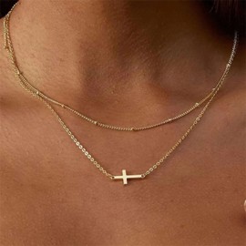 Cross Pendant Necklace Gold Silver Plated Dainty Simple Double Layered Tiered Cross Small Sideway Cross Chain Choker Necklace for Women Minimalist Birthday Holiday Faith Trendy Jewelry Gifts (Gold)