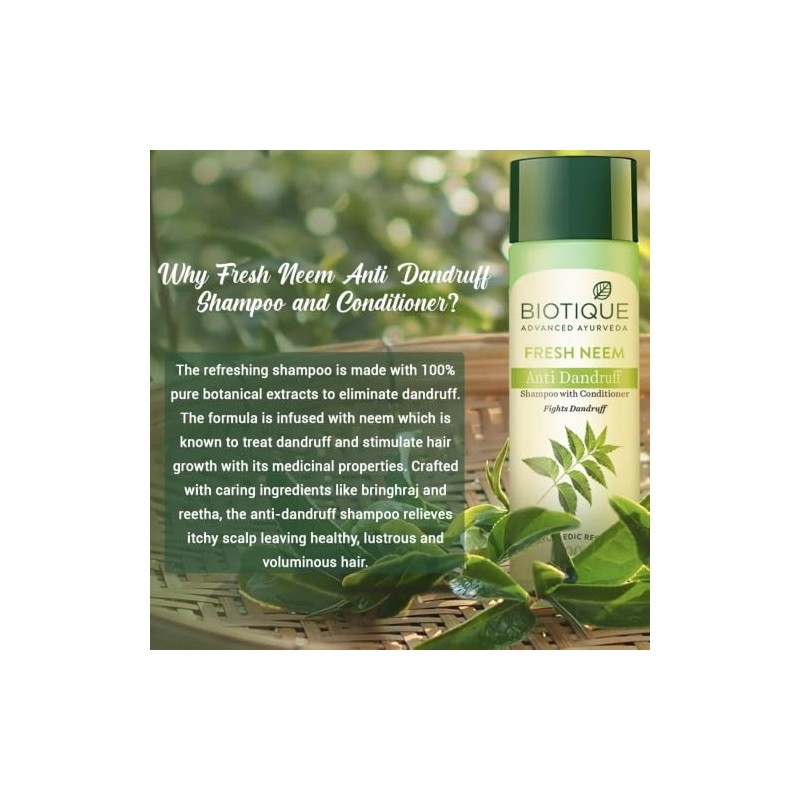 Biotique Bio Neem Margosa Champú y acondicionador anticaspa, 180 ml