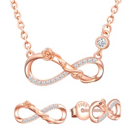 Yumilok Women's Jewellery Set Necklace with Rose Infinity Pendant and Women's Stud Earrings Made of 925 Sterling Silver, Sterling Silver, Cubic Zirconia