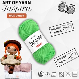 Art of Yarn 100% Cotton Mercerized Yarn Fine, Soft, Fino 2 for Crochet, Knitting, Baby Blankets, and Crafts 50g (1.76 oz), 185 yds, Perfect for Amigurumi Knitting (99226, Inspira-Pack 1)