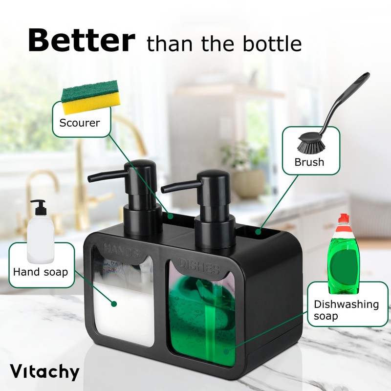 VITACHY Double Soap Dispenser for Kitchen. Dishwashing Soap Pump Dispenser