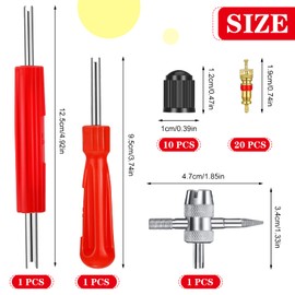 tonyg-p Pack of 33 tyre valve remover, valve repair with double and single head valve core, 1 piece 4-way valve core tool, 10 pieces tyre valve caps, 20 pieces valve core