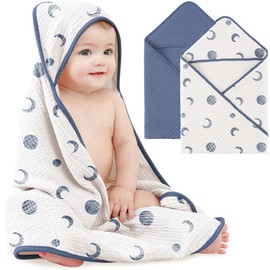 Bearmoss Muslin Baby Bath Towels 100% Cotton Baby Hooded Bathing Towels for Newborn Unisex Baby Boys Girls Infants Toddlers & Kids - 30x30in 2Pack (Blue Moon)