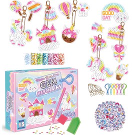 Kit de Pintura de Diamantes para Niños, 15 Diamond Painting y 50 Pegatinas, Pegatinas de Pintura de Diamantes con Herramientas de Pintura, Llaveros DIY Artes y Manualidades para Regalos de Navidad (Unicornio)