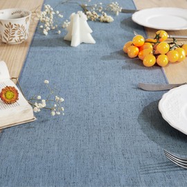 Aoztio Linen Style Rustic Table Runner, Farmhouse Cotton Linen Table Runner, Boho Table Runners 60 Inches Long with Hand Tassels for Home Tabletop Decor and Everyday Use - Dusty Blue, 60 Inch