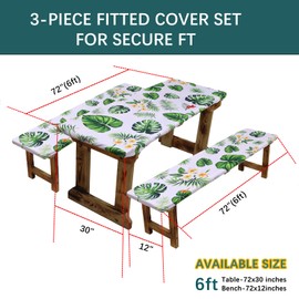SUQ I OME Picnic Table Cover with Bench Covers Camping Essentials Waterproof Windproof Elastic Fitted Tablecloth with Handbag, Fitted Rectangle Tables and Seats, (Green White)