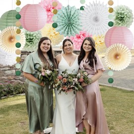 Sage Green and Pink Party Decoration Sage Green Cream Pink Paper Pom Poms Flowers Paper Fans Olive Sage Gold Circle Dots Garland for Birthday Baby Shower Wedding Bridal Shower Party Decoration