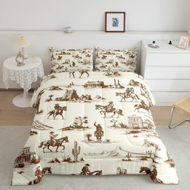 Cowboy Bedding Set Western Decor Comforter for Boys Teenagers Men,Wild West Illustration Bedding Grunge Retro Cowboy Design Decor Bed Comforter Set Southwestern Hat Shot Cactus Quilt Full Size