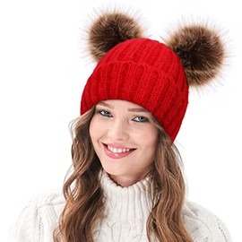 Arctic Paw Women Knit Beanie Cable Knit Beanie Hat Faux Fur Pompom Beanie with Ears Red