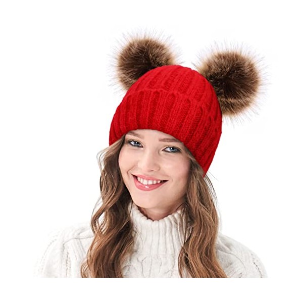 Arctic Paw Women Knit Beanie Cable Knit Beanie Hat Faux Fur Pompom Beanie with Ears Red