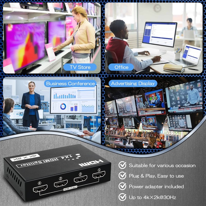 HDMI Splitter 1 in 4 Out, 4K@30Hz 4 Way HDMI