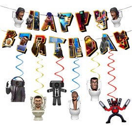 14Pcs Toilet Man Birthday Decorations Skibidi Bunting Garland and Hanging Decoration for Kids Birthday Toilet Man Happy Birthday Banner,Hanging Swirls Theme Birthday Party Decor