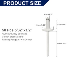 uxcell 50Pcs 5/32" x3/8" Aluminum Blind Rivets, Aluminum Grip and Steel Mandrel, Large Flange Fastener Rivets for Metal, Furniture, Automotive, Gray