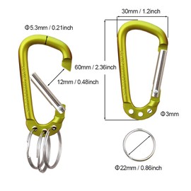 VictorsHome Carabiner Clip Keychain Aluminum Alloy D Shape Multifunction Clip Hook with 3 Key Rings for Outdoor Backpack Yellow 6 Pack
