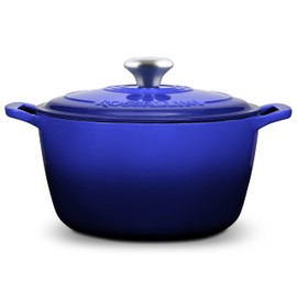ROSSALLINI Signature Enameled Cast Iron Dutch Oven, Non-Stick Serving Pot with Tight Fitting Lid for Perfect Roasting, Baking, Sauteing, and Bread Making | 2Q (1.9L) - Indigo Blue
