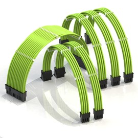 LINKUP - AVA 30cm PSU Cable Extension Sleeved Custom Mod GPU PC Braided w/Comb Kit - Compatible with RTX3090 | 1 x 24 P (20+4) | 2 x 8 P (4+4) CPU | 3 x 8 P (6+2) GPU Set | 300mm - Green