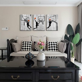 Lapremoly Canvas Wall Art For Living Room Wall Decorations For Bedroom Boy's Room Decor Black And White Pictures Sport Play Basketball Wall Paintings Office Prints Artwork Modern Home Decor 3 Piece