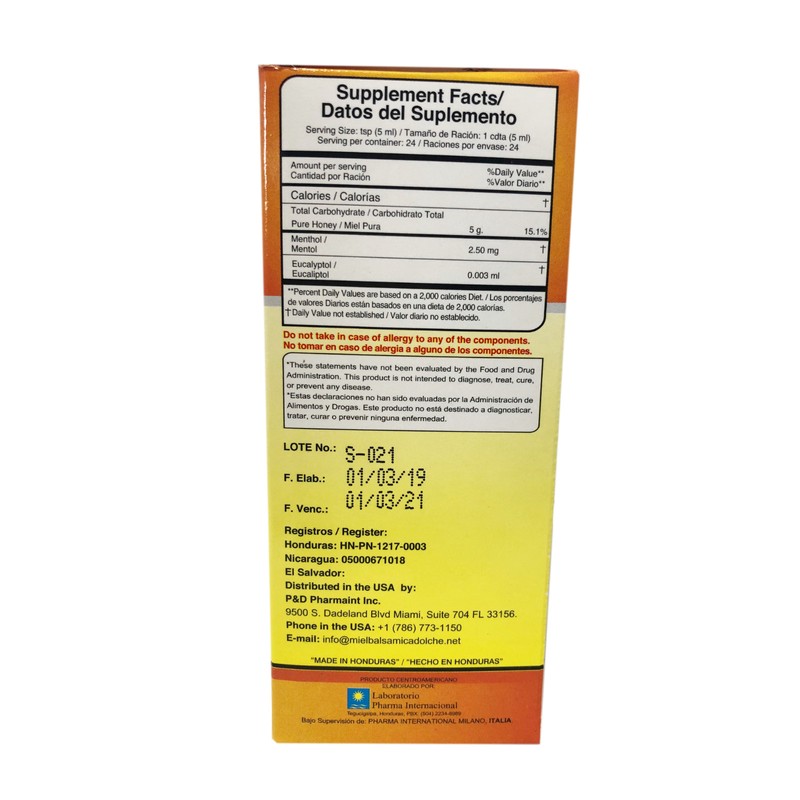 Pharma Internacional Balsamic Honey/Miel Balsamica (adults & children) 4 fl