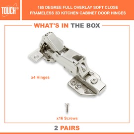 TOUCH Cabinet Hinges (2 Pairs, 4 PCS) Frameless 165 Degree Full Overlay Clip-on Soft Close Lazy Susan Corner Kitchen Cabinet Cupboard Folding Door Hinges 3D Adjustable with Screws