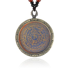 Tibetan Thangka Amulet Pendant, Hand-Drawn Lotus Design, Braided Rope, Double-Sided (Six - syllable Mantra-2)