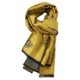 LilyRosa® Bee Winter Scarf Reversible Cosy Warm Blanket Shawl Scarfs Bees Large Grey Pink Blue Mustard Orange (Mustard Grey)