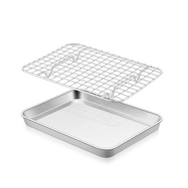 E-far Baking Sheet with Rack Set, 9.5” x 7.3” Stainless Steel Cookie Sheet Baking Pan for Toaster Oven, Mini Metal Tray with Cooling Wire Rack for Cooking Roasting, Non-toxic & Dishwasher Safe