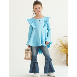 Auiopila Kids Toddler Girl Clothes Solid Color Ruffle Sleeve Top and Flare Jeans Pants 2Pcs Fall Winter Girl Outfits