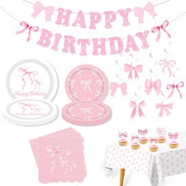 Pink Bow Birthday Party Decorations Set, Coquette Birthday Banner Hanging Swirls for Girls Women, Plates, Tablecloth, Napkins, Cupcake Toppers for Coquette Party Decor, Tableware Serves 20