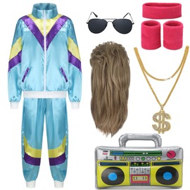 FOVER 80s Outfit, Men's, Women's Costume, Button Tracksuit, Pop Art, Retro Style, Bathroom Outfit, Costume Accessories Set with Inflatable Sunglasses, Necklace, Sweatband for Theme Party, Fancy Dress,