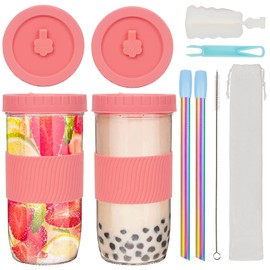UHAPEER 2 Pack Reusable Boba Cup Bubble Tea Cups, 24 OZ Boba Tea Cup Boba Cups and Lids and Straw, Mason Jar Silicone Sleeve, Glass Iced Coffee Cup, Smoothie Cups with Lids, Glass Bottles for Juicing
